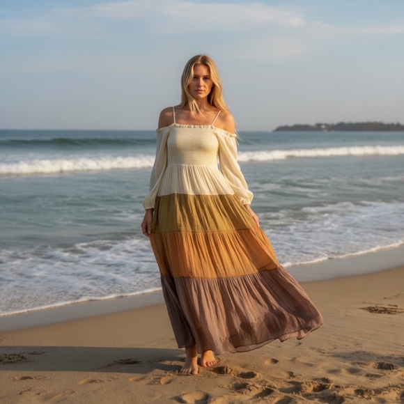 S.DEER Dresses & Skirts - Boho Tiered Off-Shoulder Long Sleeve Maxi Dress - Ivory & Earth Tones